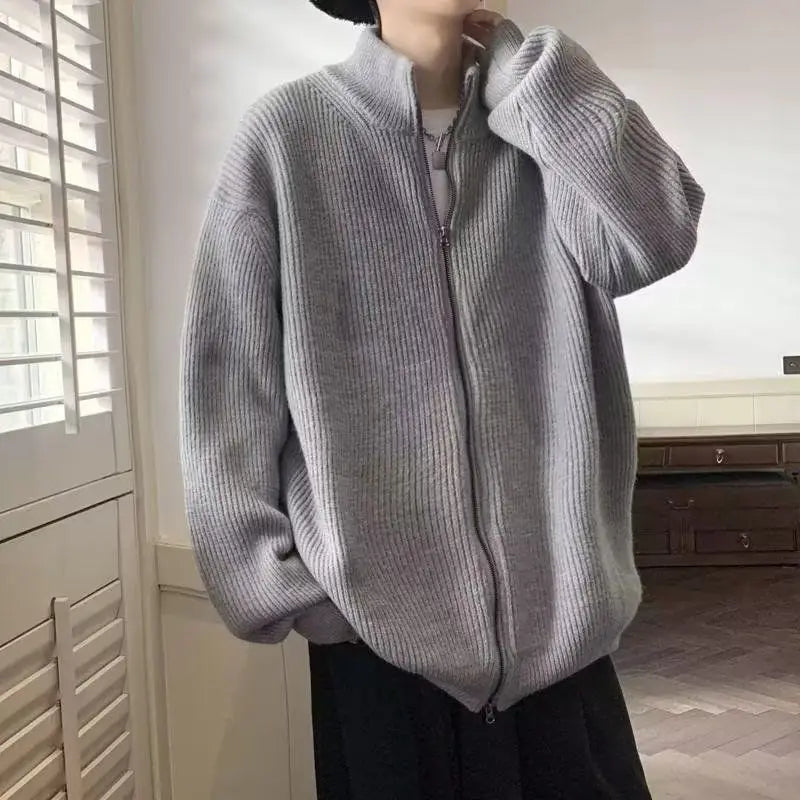 Hearujoy Y2K Knitted Cardigan Sweater Men Blue Long Sleeve Jumpers Jacket Turtleneck Patchwork Zipper Coat Male Korean Clothes