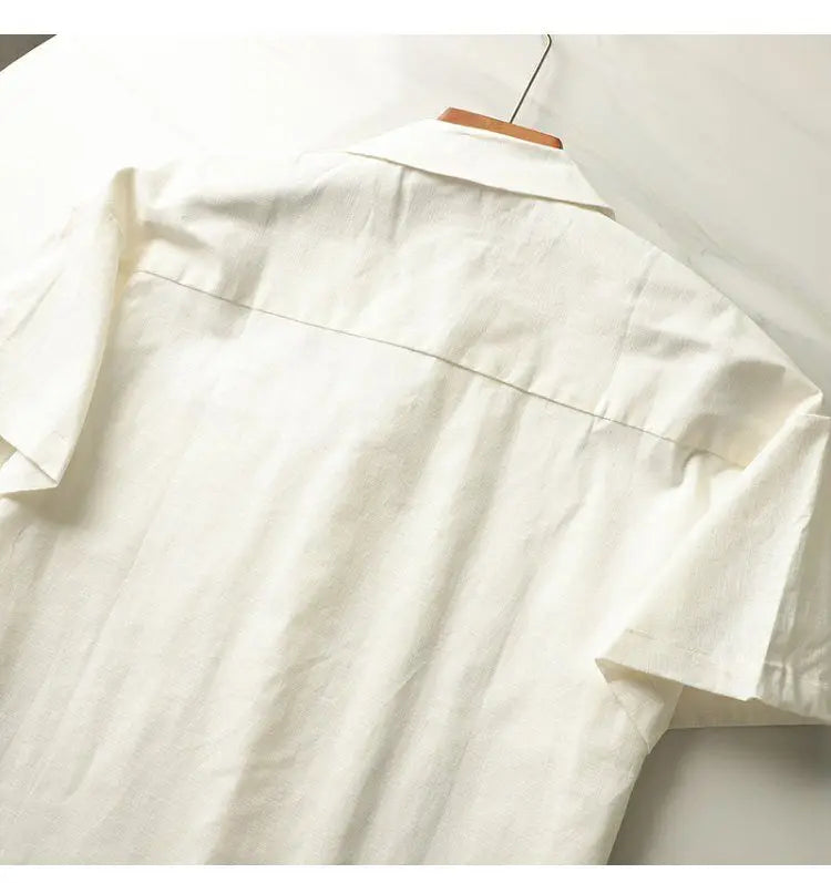 HEARUJOY  -  Japanese Linen Tops Summer Korean Style Men's Embroidered Loose Casual Cuban Collar Short-sleeved Shirt Aesthetic Academy Chic