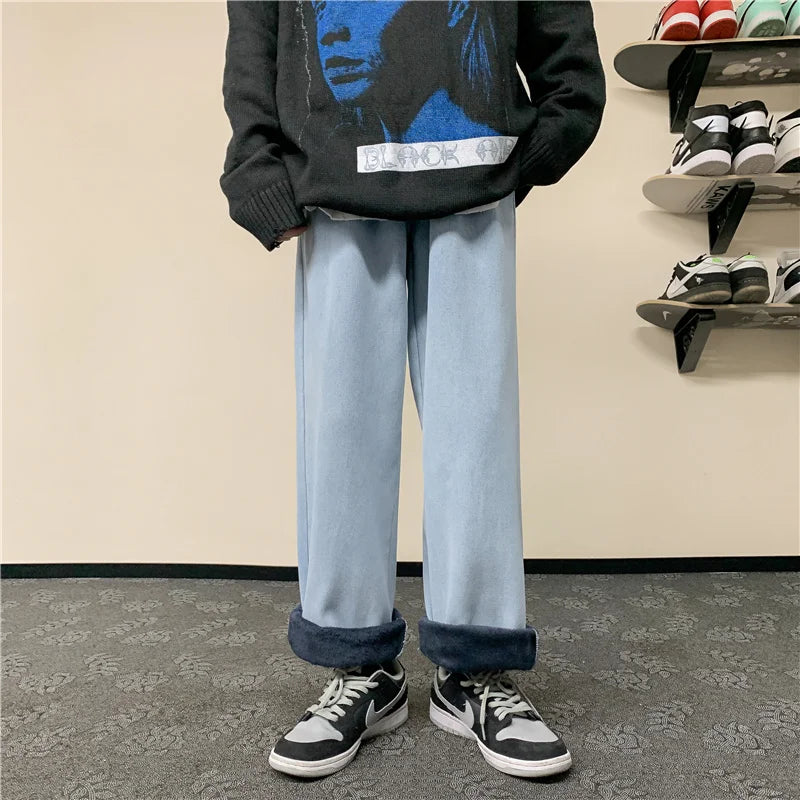 Hearujoy Men's Winter Fleece Denim Korean Hip-hop Street Loose Straight Wide-leg Pants Student Warm Casual Trousers Black Blue