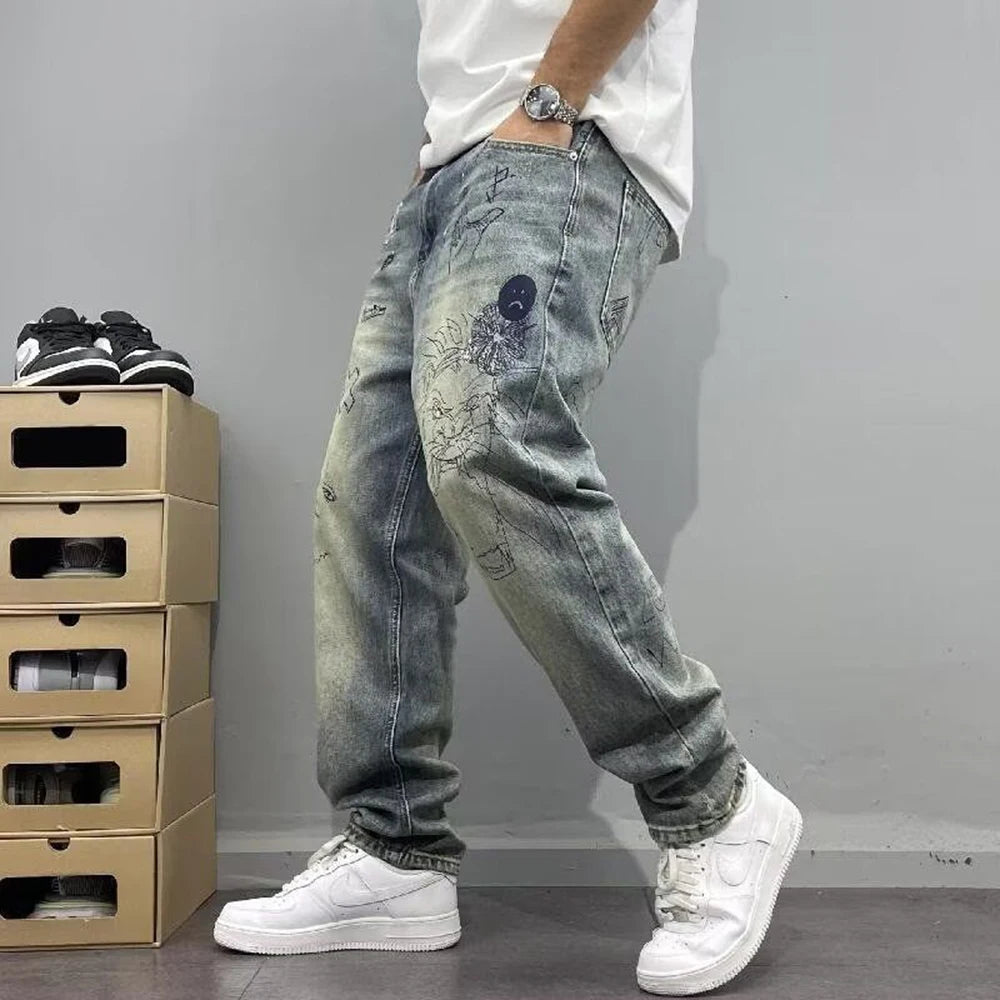 Hearujoy American Street Retro Personality Trend Print Jeans Autumn Winter Fashion Loose Washed Trousers High Street Trend Y2k Pants Men