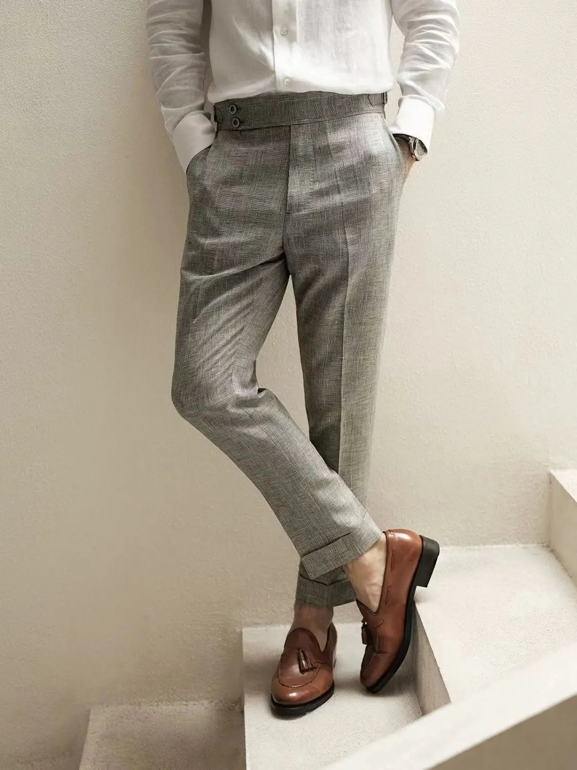HEARUJOY  -  Vintage Naples Linen Pants Men British Style High Waist Slim Fit  Trousers Spring Summer Fashion Casual Ankle-Length Suit Pants