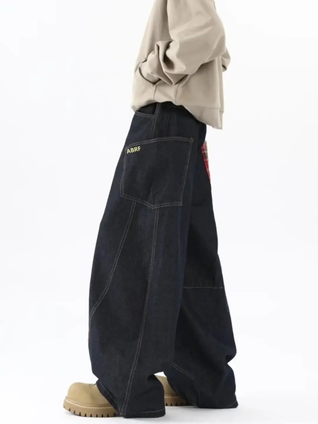 Hearujoy New American Style Splicing Plaid Washed Cargo Pants Women Retro Wide Leg High Waisted Baggy Jeans Women Hip Hop Denim Pants