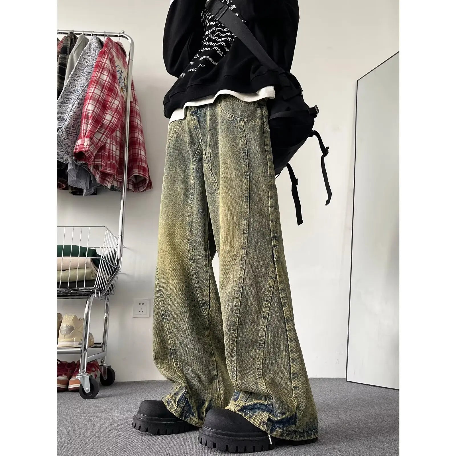 Hearujoy Autumn New Jeans Men 2024 Wide Leg Jeans Male Vintage Loose Denim Pants Harajuku Yellow mud Mopping Trousers Streetwear Clothes