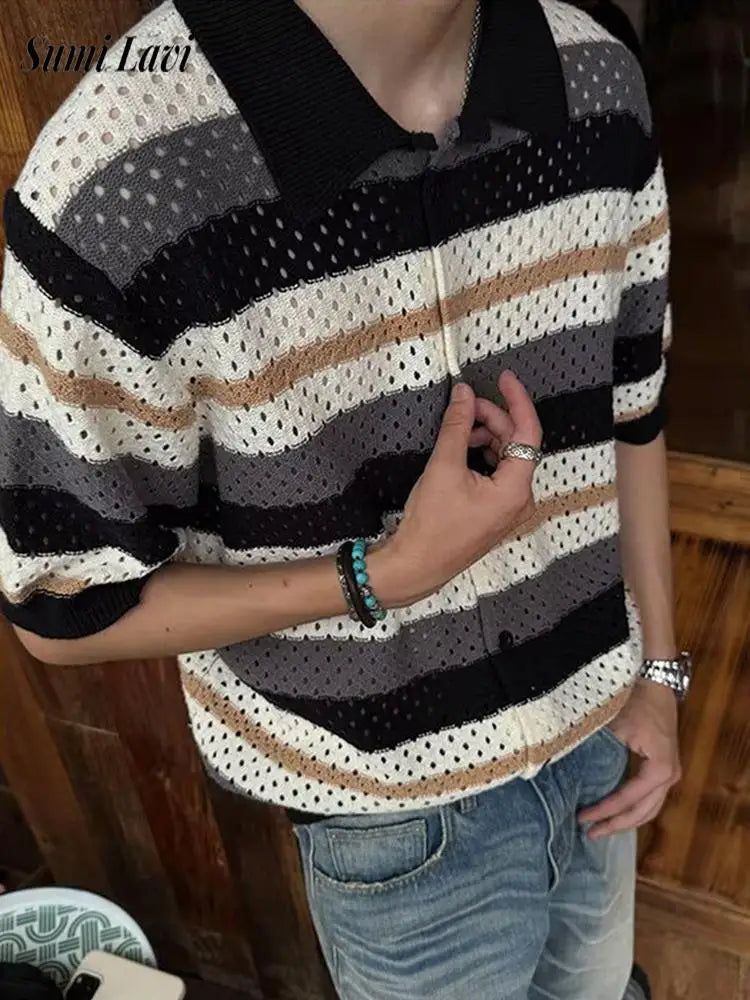 HEARUJOY  -  Ice Silk Knitting Shirts Mens 2025 Summer New Casual Striped Knit Cardigan Tops Men Clothing Vintage Buttoned Short Sleeve Shirt