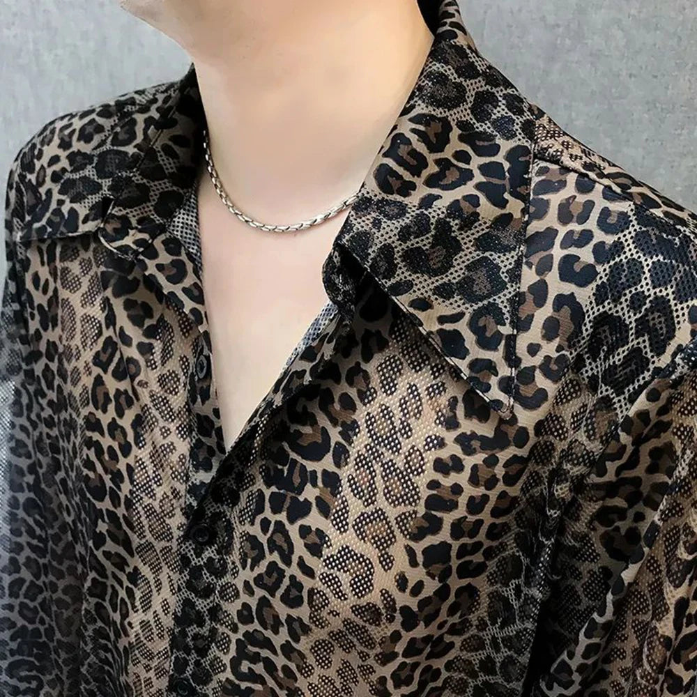 Hearujoy Mens Sexy Leopard Print Mesh See-Through Ice Silk Shirt Autumn Genderless Fashion Youth Nightclub Breathable Hollow Top Unisex