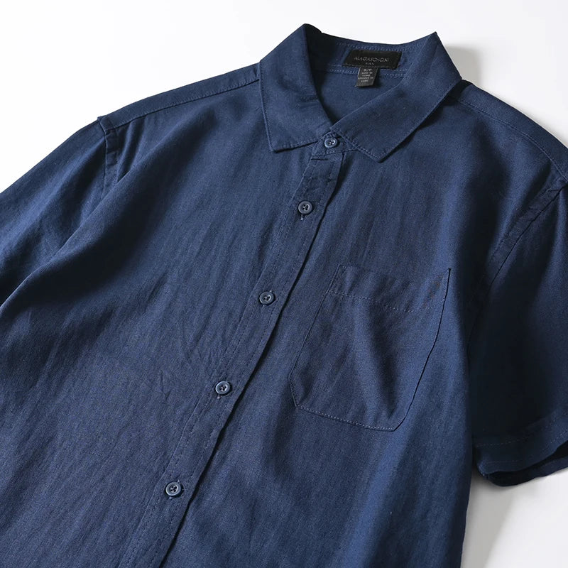 HEARUJOY  -  Men's Summer Cotton Linen Shirt Solid Color Skin Friendly Breathable Short Sleeve Lapel Shirts With Chest Pocket