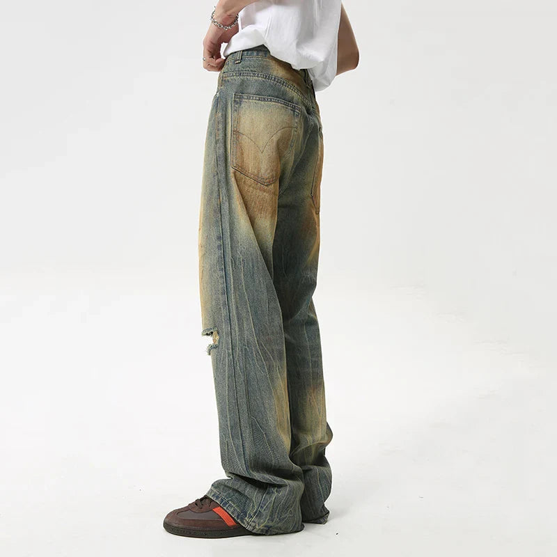 Hearujoy Fashion Loose Men's Straight Pants American Style Casual Hole Worn Design Make Old Wide Leg Jeans Summer 9C6091