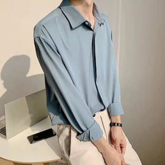 Hearujoy Korean Fashion Spring Lake Blue Men Shirts Luxury Long Sleeve Casual Loose Drape Ice Silk Button Up Shirt Blouse Shirt Men