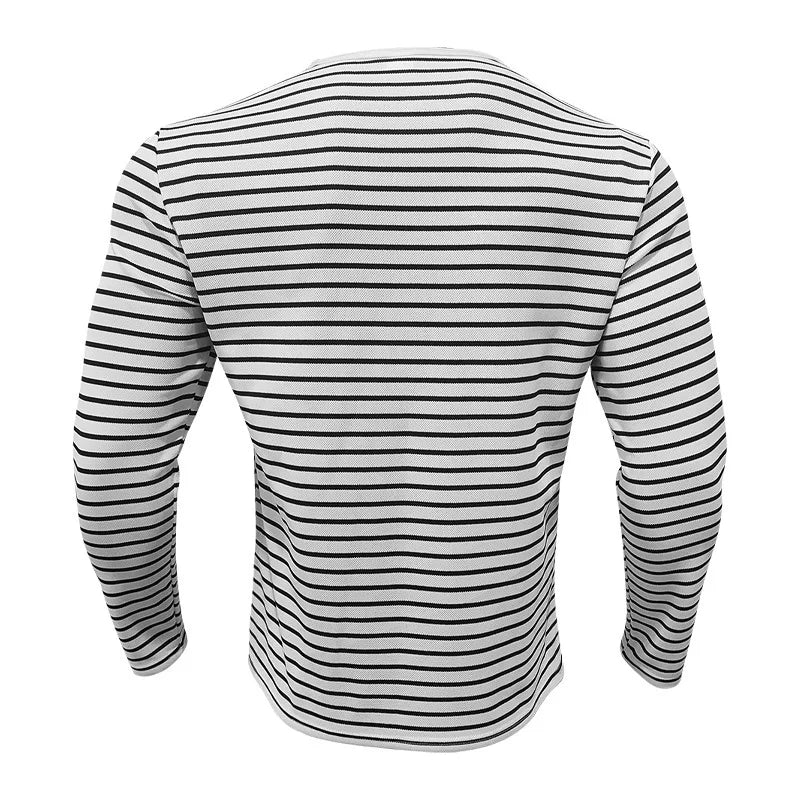 HEARUJOY  -  Men's Spring and Autumn Long Sleeve V-neck Button-down T-shirt Slim-fit Henley Shirt Horizontal Striped Top