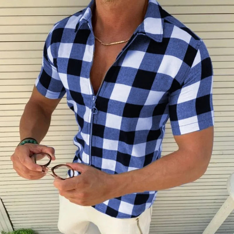 HEARUJOY  -  Fashion Plaid Printed Shirts For Men Slim Fit Short Sleeved Zipper Cardigan Top Summer Leisure Tshirt Streetwear Mens Clothing