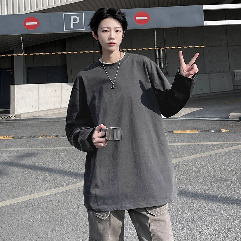 HEARUJOY  -  Autumn Men's Long Sleeve Cotton T Shirt Fashion Solid Loose T Shirts Mens Oversized Hip Hop Casual Mens Streetwear Top Tees