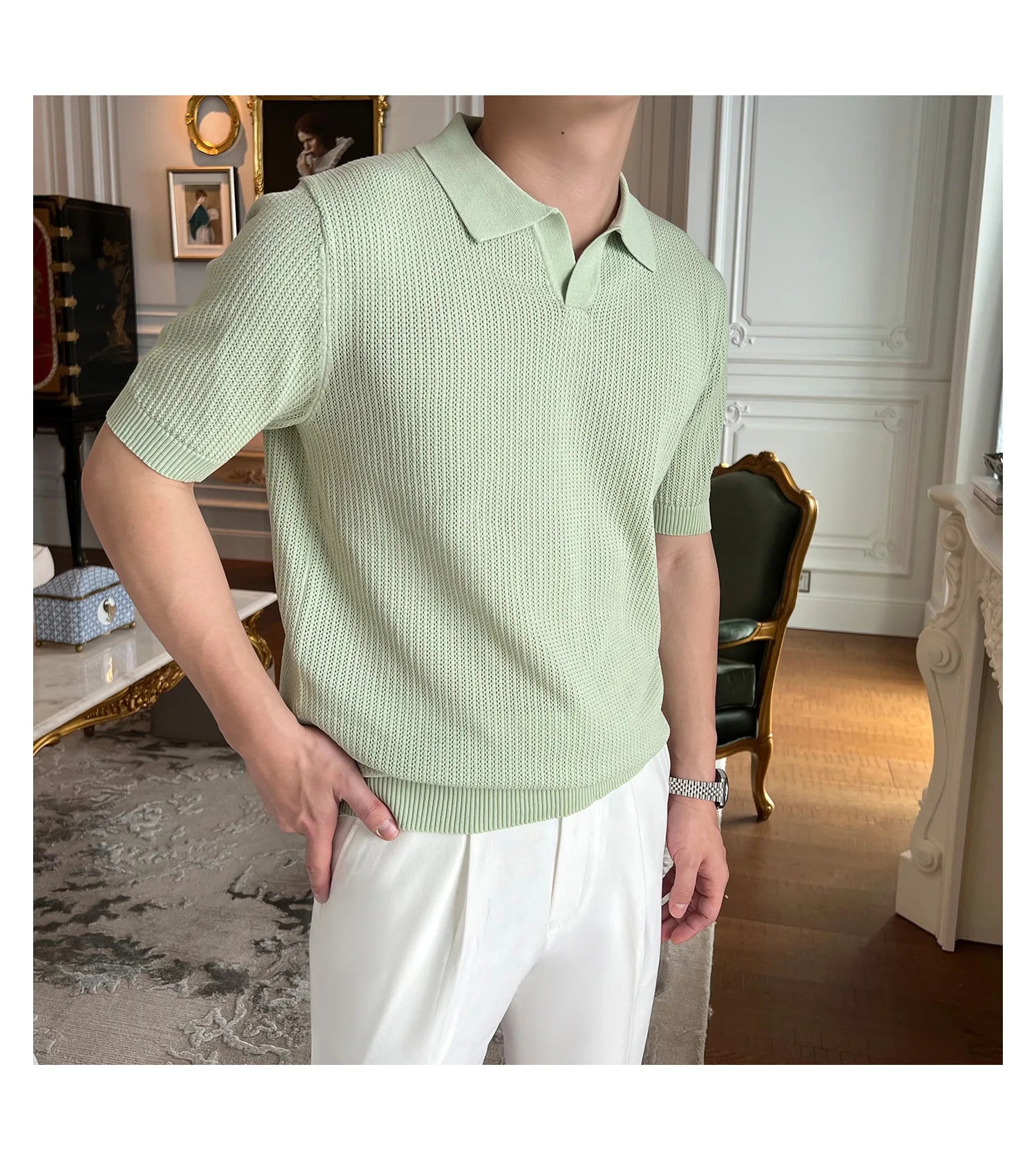 HEARUJOY  -  New Fashion Business Tops Men's Polo Shirt Light Luxury Leisure Knitted V Neck T-shirts for Man Korean Popular Short Sleeve Tees