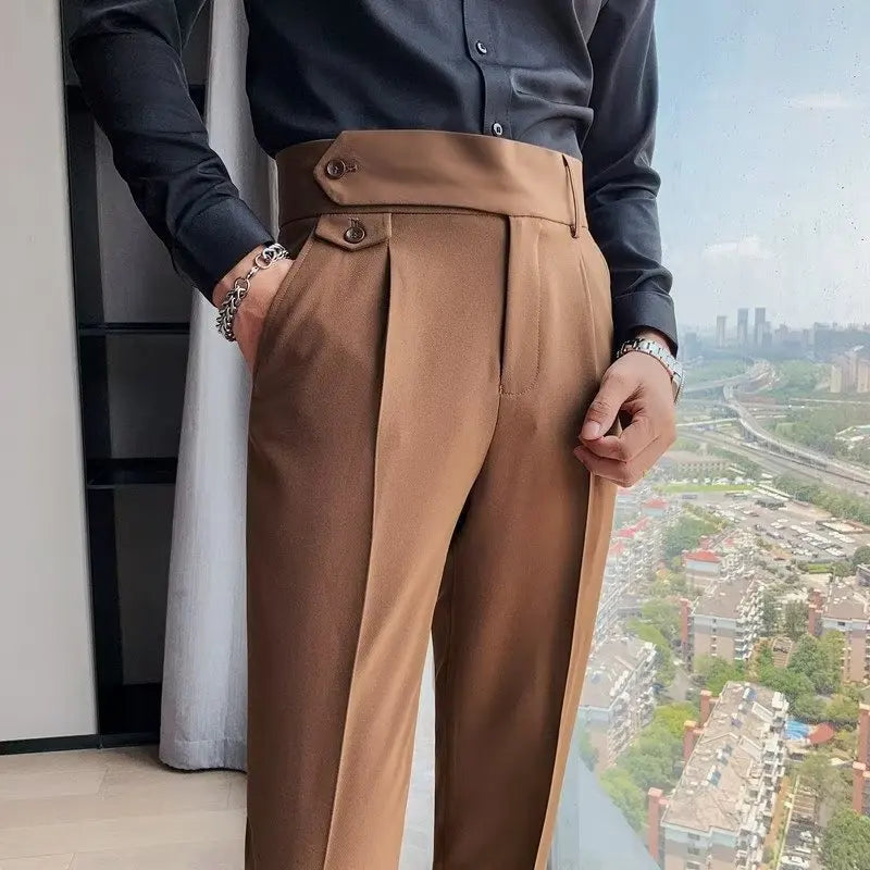 HEARUJOY  -  Men Korean Cropped Pants Fashion Casual Naples Trousers Slim Fit Pencil Suit Pants High Waist Button Business Straight Trousers