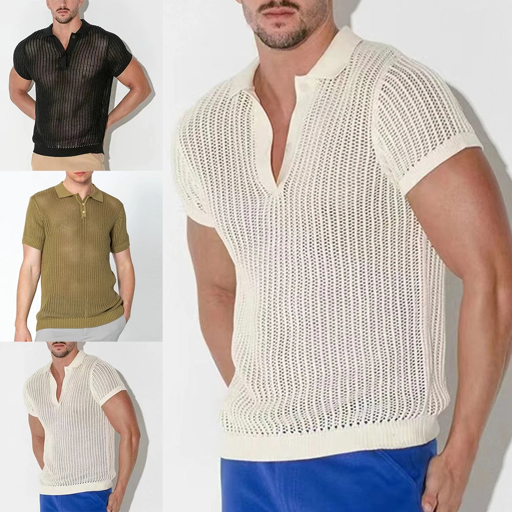 HEARUJOY  -  Shirt Tops V-lapel Tops Fashion Fashion Streetwear Ribbed Knitted Sexy See Throughm Hollow Out Short Sleeve Shirt