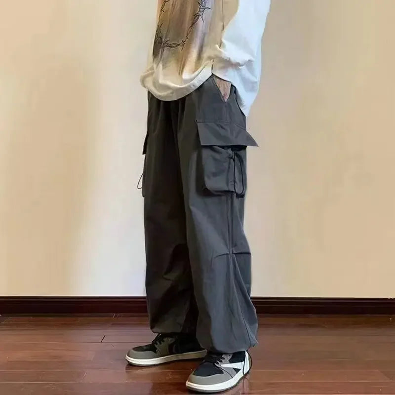 HEARUJOY  -  Men Elastic Waist Solid Color Cargo Pants Multi Pocket Loose Baggy Pants for Women Streetwear Harem Casual Pants하렘 바지