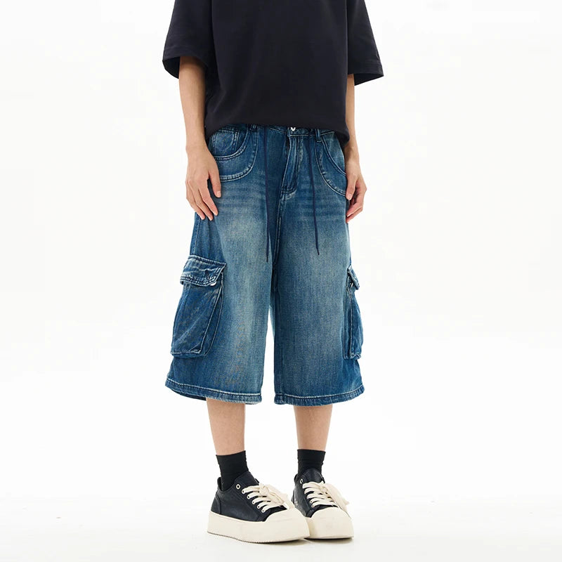 HEARUJOY  -  Summer Thin Washed Loose Multi-pocket Denim Cropped Pants For Men High Street Straight Distressed Street Wide-leg Jeans Shorts