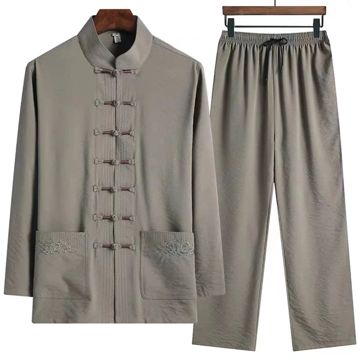 HEARUJOY  -  2 Pcs/Set Men Cotton linen Tang Suit Set Chinese Traditional Clothes Hanfu Elastic Waist Wide Leg Soft Men Shirt Trousers Sets