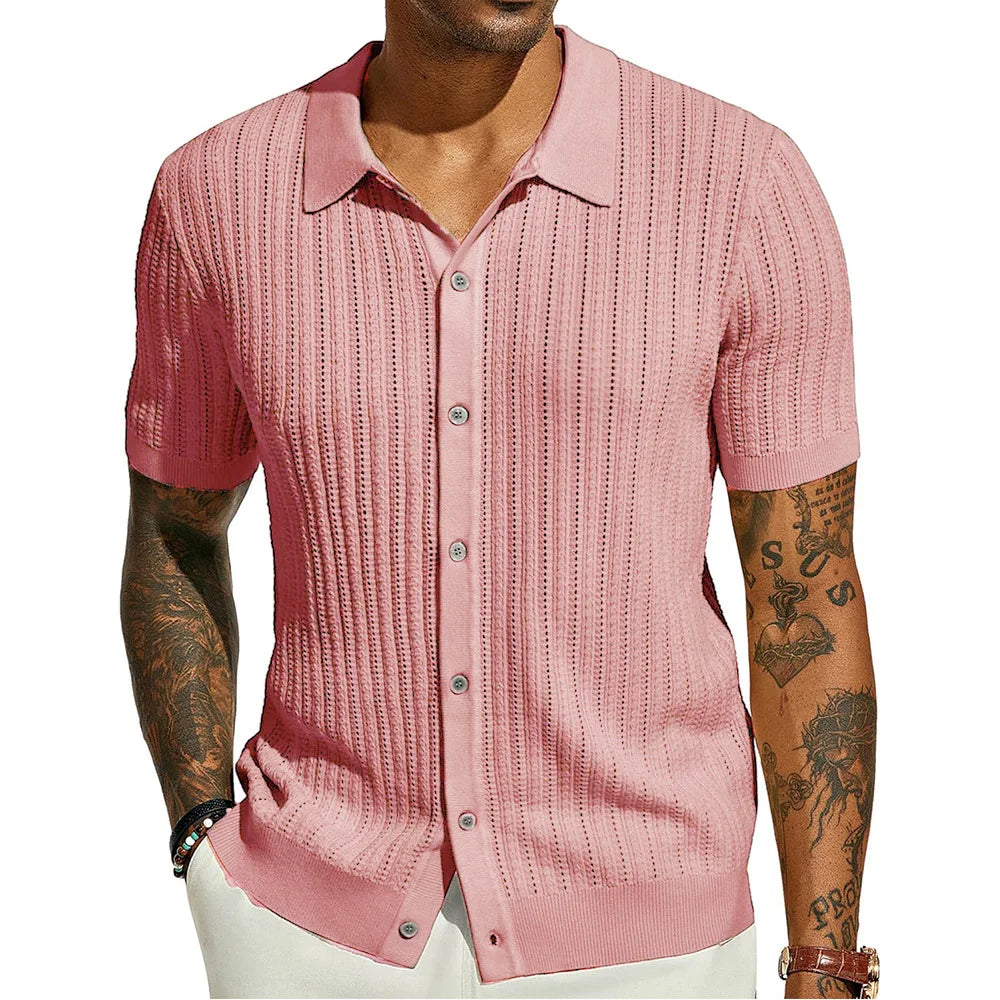 HEARUJOY  -  Men's Casual Top Summer Cool Knit Shirt Short Sleeve Lapel Solid Color Hollow Breathable Top