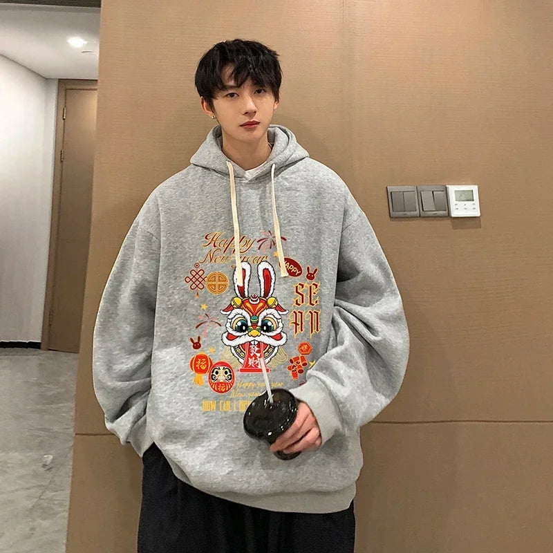 HEARUJOY  -  Men's Oversized Hoodie Off White Rabbit Print Hoodies with Hat Over Size for Men 5XL Man Hoody Casual Wear Male Sweatshirt