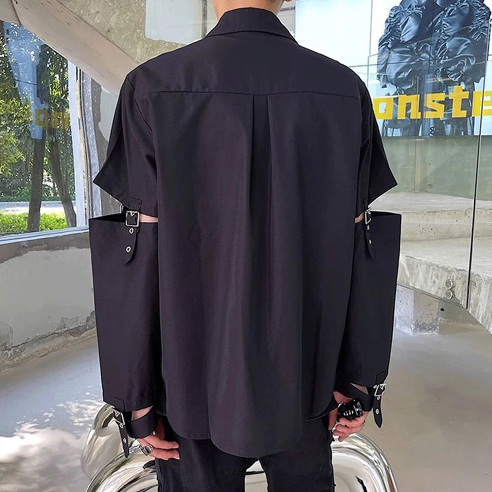 Hearujoy Mens Y2k Spliced Casual Long-Sleeved Shirt 2024 New Genderless Functional Personality Solid Color Loose Hand Strap Top Unisex