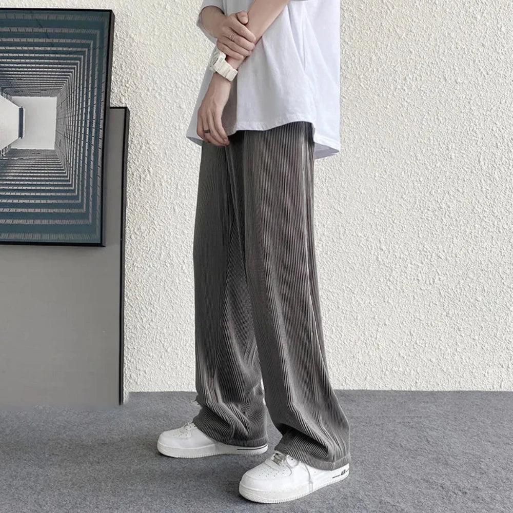 Hearujoy Classic Summer Men Casual Trousers Thin Ice Silk Solid Color Elatic Waist Straight Loose Pants Comfortable Streetwear