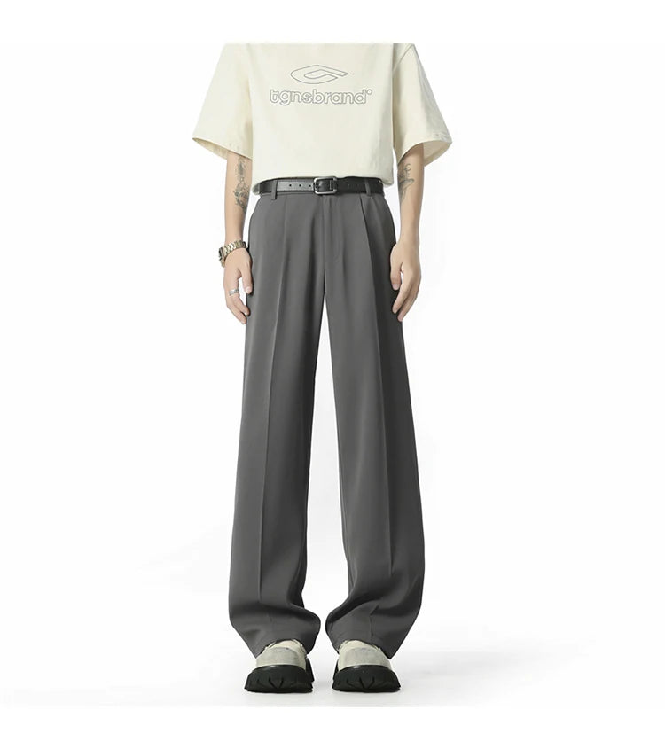 HEARUJOY  -  Men's Straight Baggy Casual Pants Korean Slit Personality Suit Trousers Fashion Formal Business Male Streetwear Gray Black