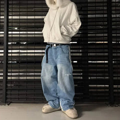 Hearujoy Baggy Jeans Y2K Classic Retro Harajuku Style Hip Hop Streetwear Solid Wash  Denim Pants Unisex Side Split Design Casual Trousers