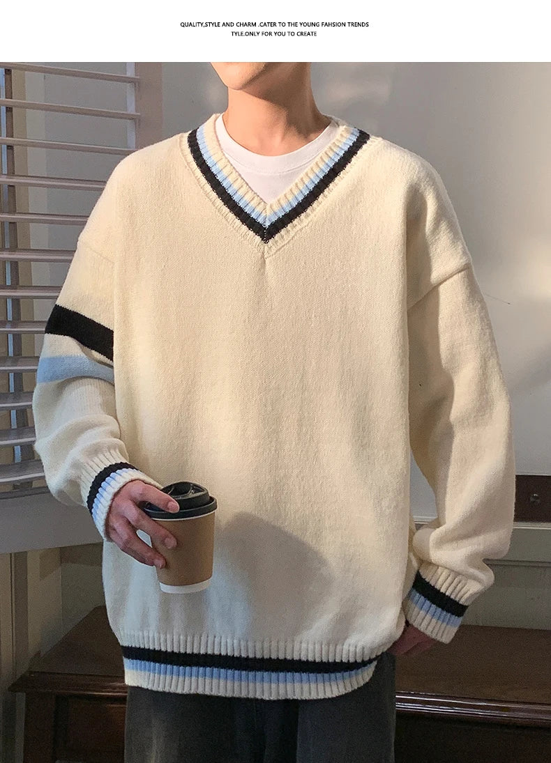 HEARUJOY  -  Preppy V-neck Sweater for Men Couples Pullovers Ins Knitted Top Autumn Korean Trendy Loose-fit Line Clothes for Students Youth