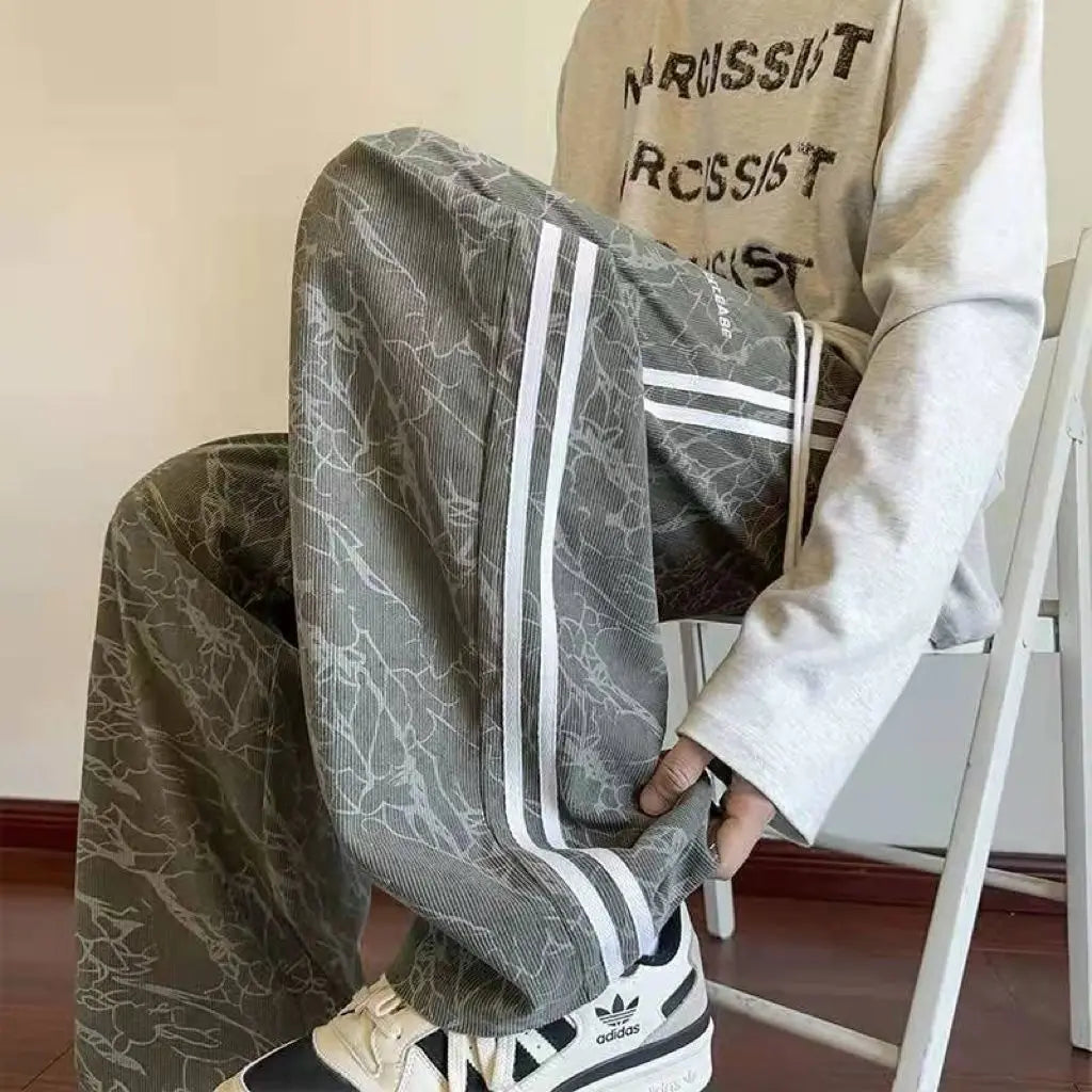 HEARUJOY  -  Corduroy Men's Spring and Summer American High Street Trendy Brand Straight Sports Striped Trousers