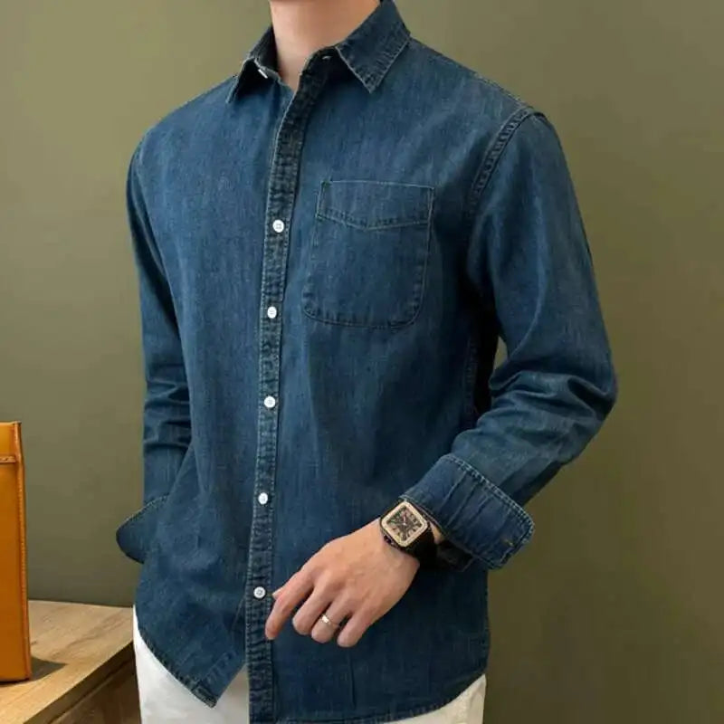 HEARUJOY  -  Lapel Collar Cotton Blend Denim Shirt Long Sleeve Shirt Retro Shirt British Versatile Casual Shirt Man Camisa Social Masculina