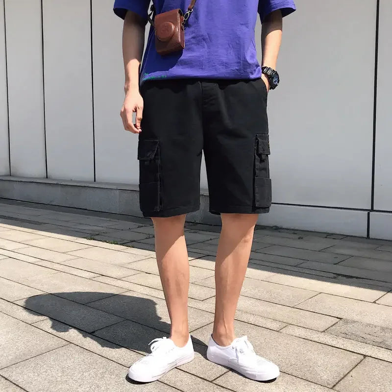 HEARUJOY  -  Oversize Wide Multi Pocket Loose Baggy Short Pants for Men Solid Big Size Elastic Waist Mens Cargo Shorts Hevy Whate Cotton Tall