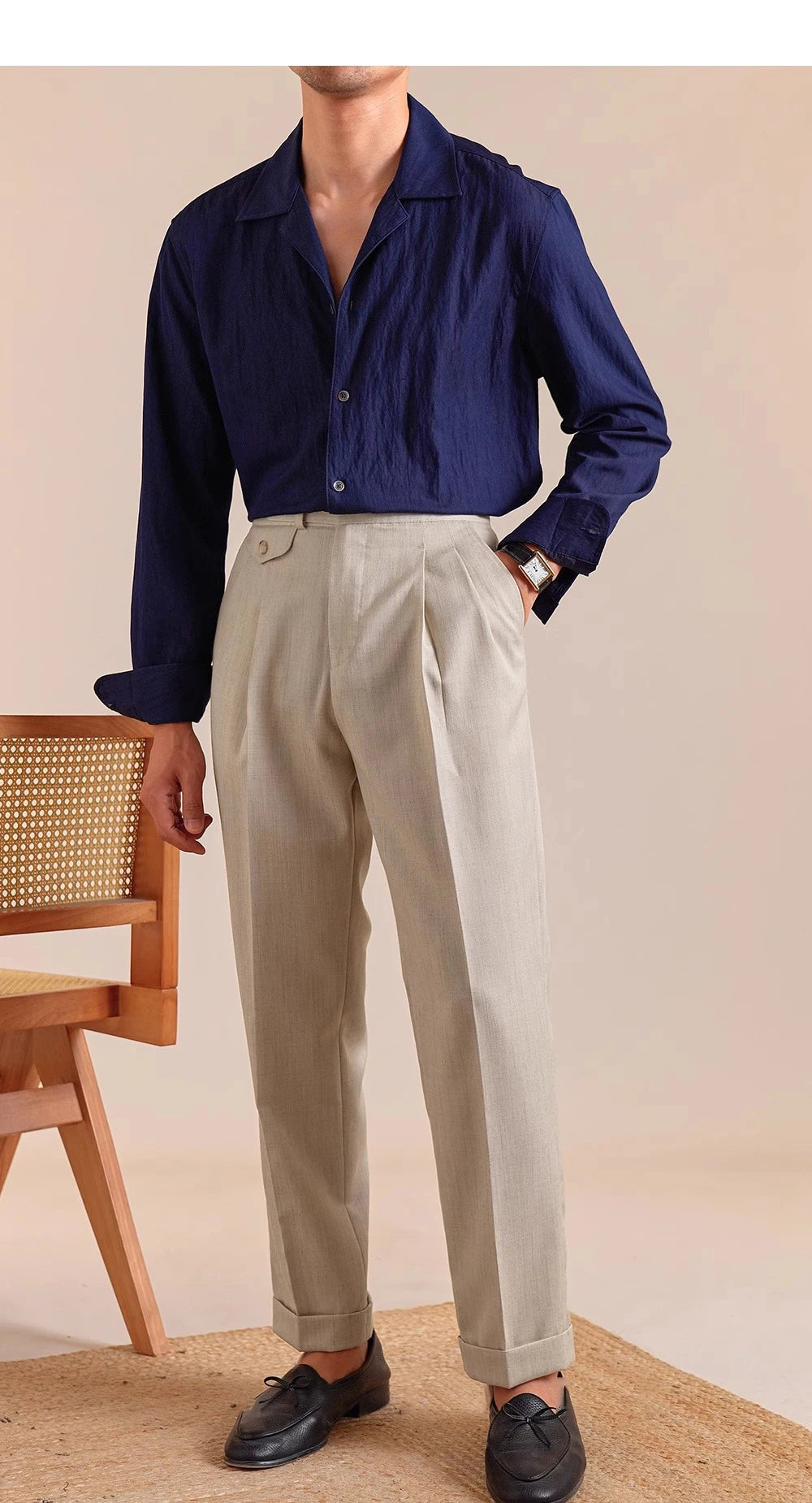 HEARUJOY  -  Italian Style Imitation Linen Naples Trousers Men's Double Pleated Gentleman Casual Business Men's Suit Pants Mens Formal Pants