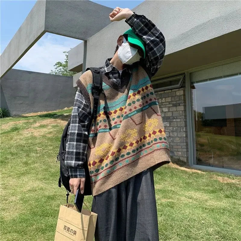 HEARUJOY  -  Sweater Man Casual Waistcoat V Neck Printed Knit Vests for Men Designer Cheap Korean Fashion Smooth Reviews Clothes Top Harajuku