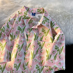 Hearujoy Vintage Fashion Flower Print Button Up Shirt Women Shirts Blouses Summer Casual Short Sleeve Streetwear Woman Shirts Harajuku