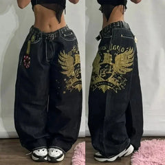 Hearujoy Y2K High Street Vintage Printed Pattern Jeans American Classic Wings Texture Jeans Couple Fashion Gothic Harajuku Wide Leg Pants