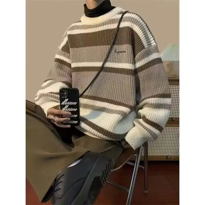 HEARUJOY  -  Men's Retro Striped Contrast Thickened Trendy Brand Loose Sweater Jacket