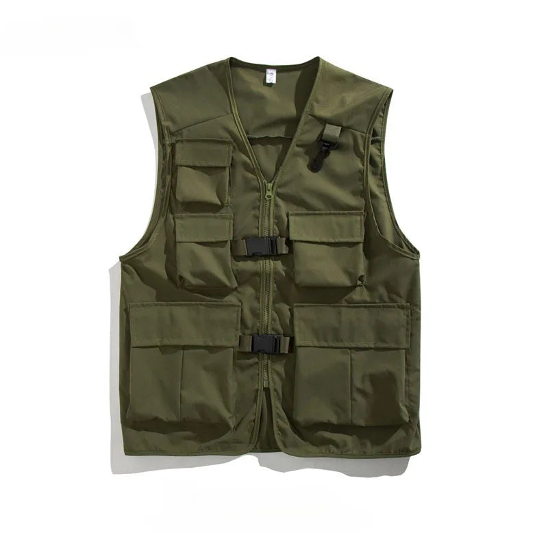 HEARUJOY  -  Pure Color V Neck Multi Pocket Utility Vest Men Trendy High Street Sporty Unisex Loose Sleeveless Jacket Functional Casual