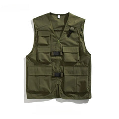 HEARUJOY  -  Pure Color V Neck Multi Pocket Utility Vest Men Trendy High Street Sporty Unisex Loose Sleeveless Jacket Functional Casual