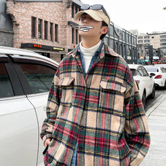 Hearujoy Thick Plaid Woolen Coat Men Warm Oversized Retro Thickened Woolen Jacket Mens Streetwear Korean Loose Short Woolen Coat Men