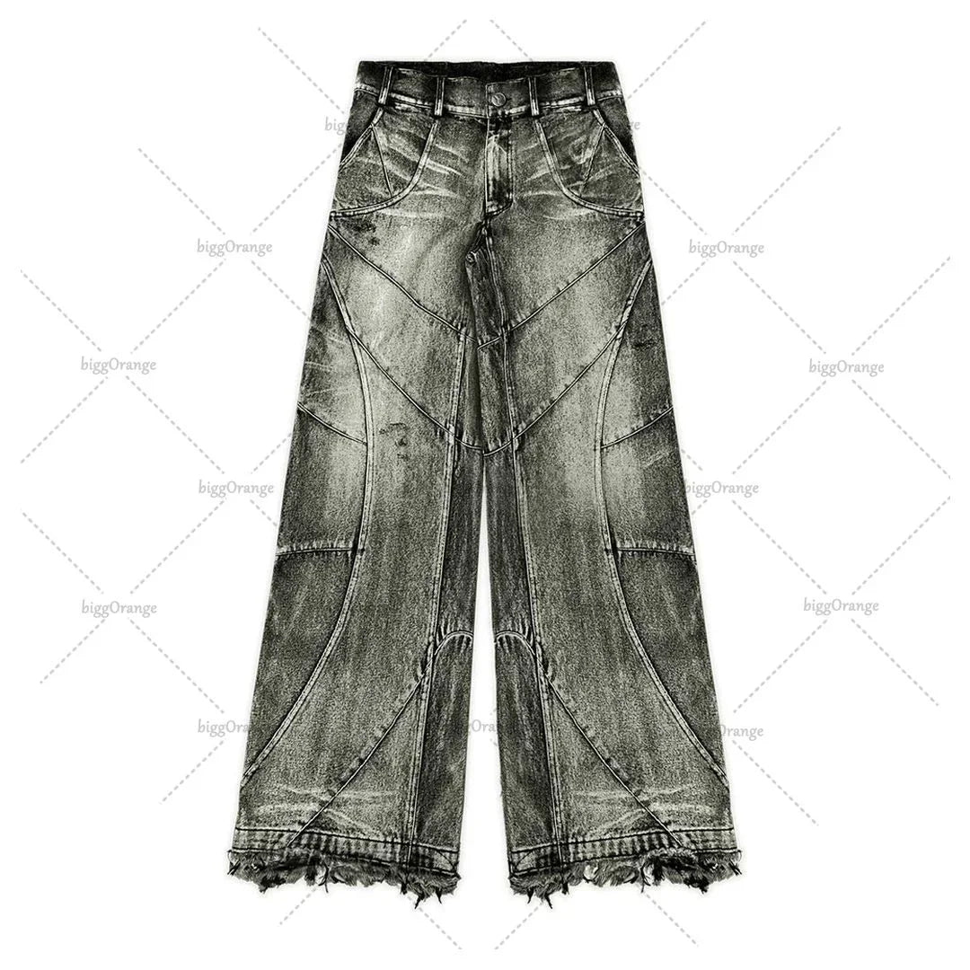 Hearujoy Y2K Harajuku Gray Spliced Washed Jeans Men's Gothic Style Street Trend Clothing Retro Loose Wide Leg Pants Autumn Baggy Jeans