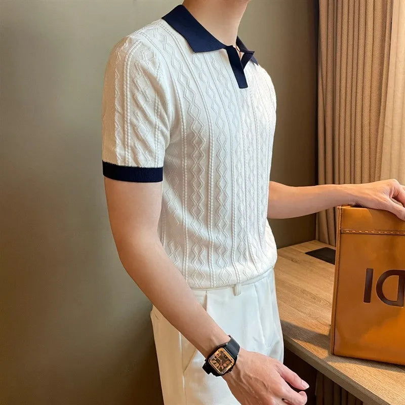 Hearujoy Summer Men's Clothing Light Luxury Korean Popular Jacquard Polo Shirt Leisure V Neck Short Sleeve Patchwork Retro Knitwear