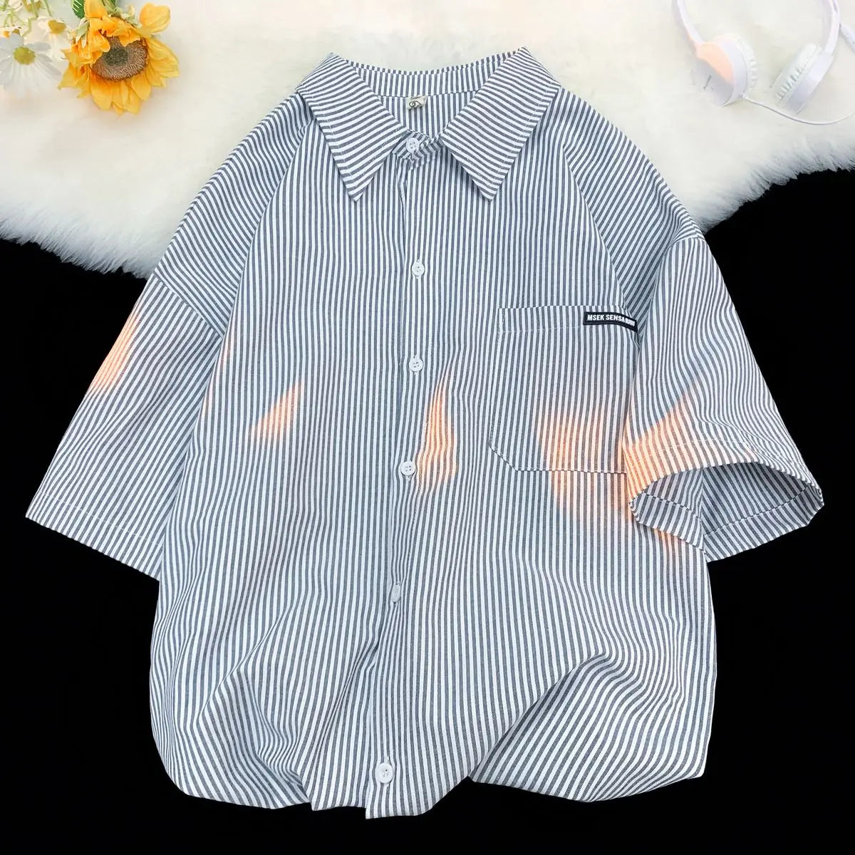 HEARUJOY  -  Japanese Striped Fashionable Short-sleeved Shirt Men Summer Thin Fashion Loose and Versatile Student Casual Shirt Aesthetic