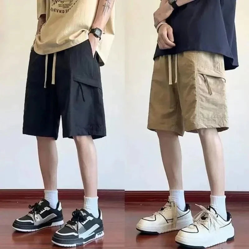 HEARUJOY  -  Wide Mens Cargo Shorts Baggy Over Knee Solid Elastic Waist Loose with Draw String Short Pants for Men Pockets High Quality V