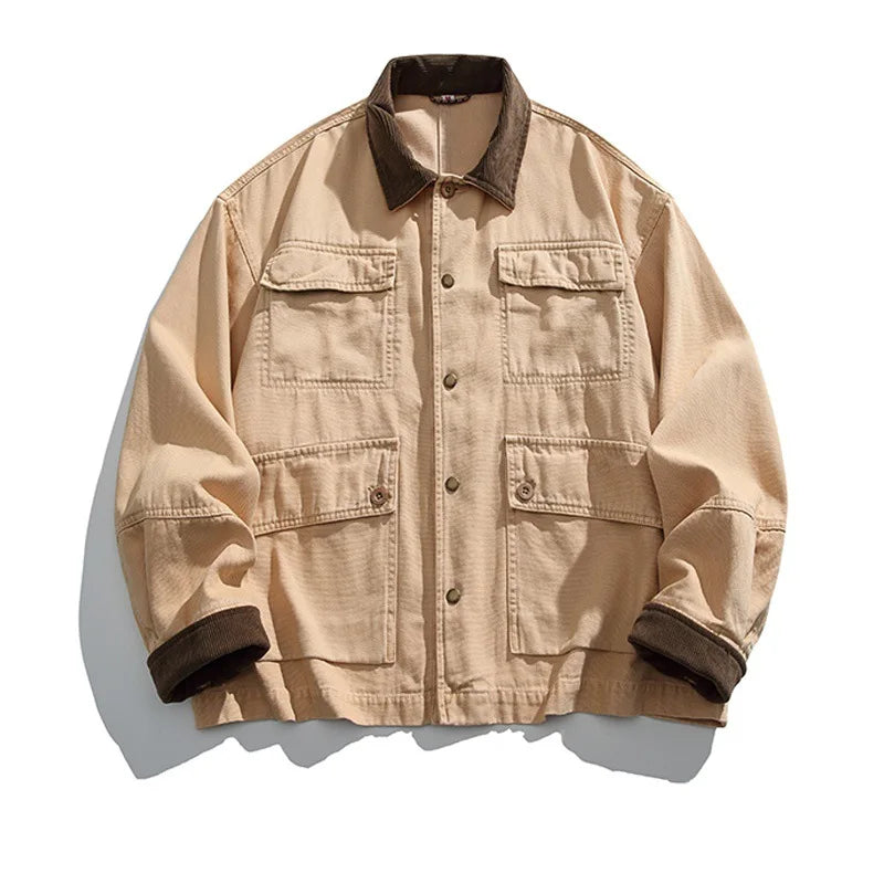 HEARUJOY  -  American Retro Heavyweight Washed Denim Jacket Multi-Pocket Workwear Coat with Contrast Collar Oversized Utility Streetwear