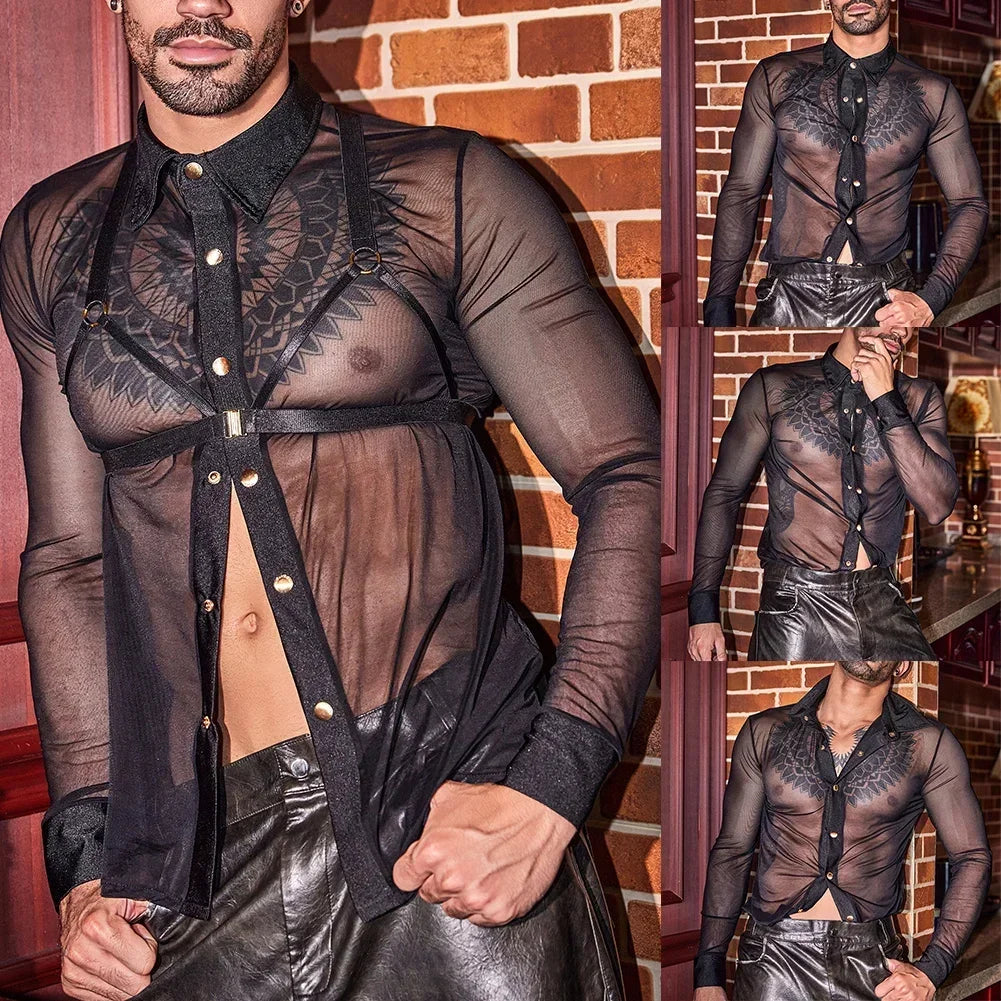 HEARUJOY  -  Black Sexy Club Wear For Men Sexy Nightclub Shirt 45cm Mens Shirt 95 Polyamide Sleeve 60cm Solid Pattern 5 Spandex Average Size
