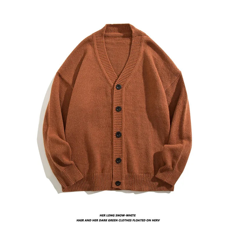 HEARUJOY  -  Autumn Winter Men Casual V-Neck Cardigan Sweaters Solid Color Long Sleeve Outerwear Single-breasted Male Loose Knitted Coats