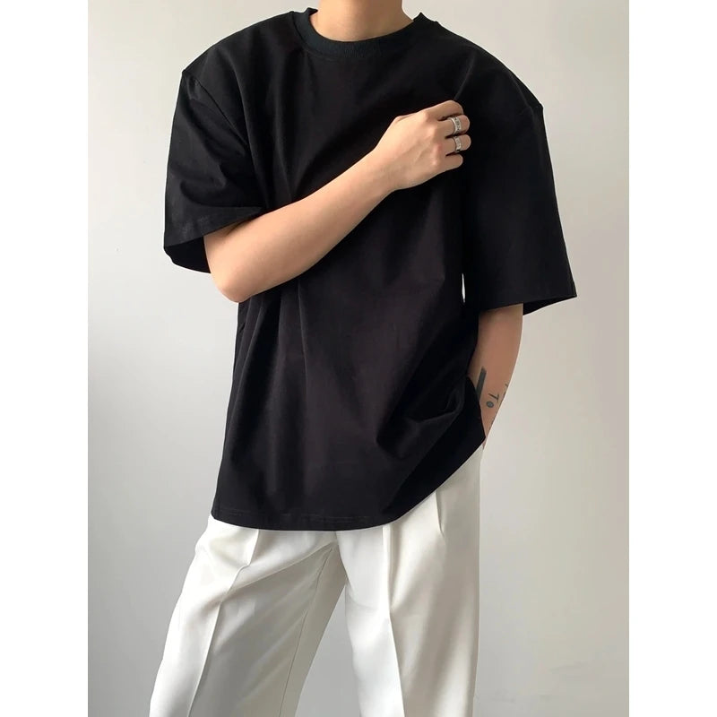HEARUJOY  -  Summer Cotton Short Sleeved T-shirt Men Black White Casual T Shirt Men Streetwear Korean Loose Shoulder Pad T Shirt Mens Top