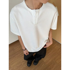 HEARUJOY  -  Summer Short Sleeved T-shirt Men Black White Casual T Shirt Men Streetwear Korean Loose Round Neck Button T Shirt Mens Top M-3XL