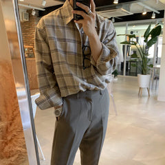 HEARUJOY  -  Spring Cotton Long Sleeve Shirt Men Fashion Retro Khaki Black Plaid Shirts Mens Korean Loose Oversized Casual Shirt Men M-2XL
