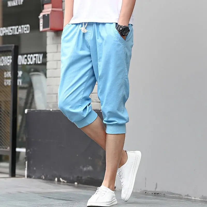 HEARUJOY  -  Summer New Sports Trend Versatile Casual Shorts Men's Solid Elastic Waist Drawstring Pockets Cotton Calf Length Cropped Pants